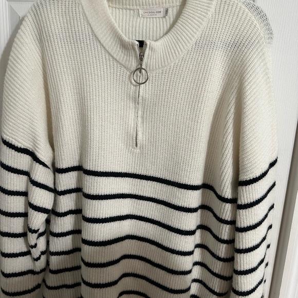 Chic Soul Tops - Chic Soul Cream and Black Striped Half-Zip Sweater